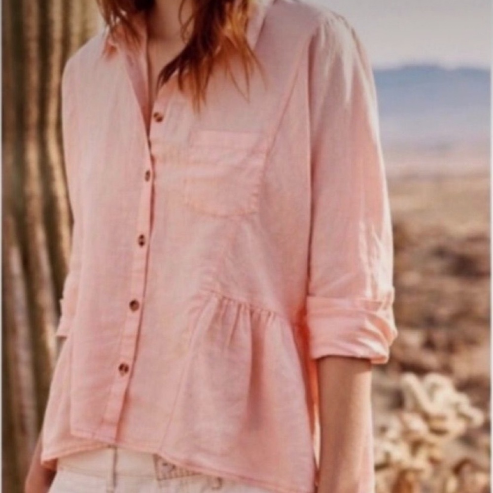 Holding Horses Anthropologie Pink Linen Hi Lo Hem Button Down Top Size Small